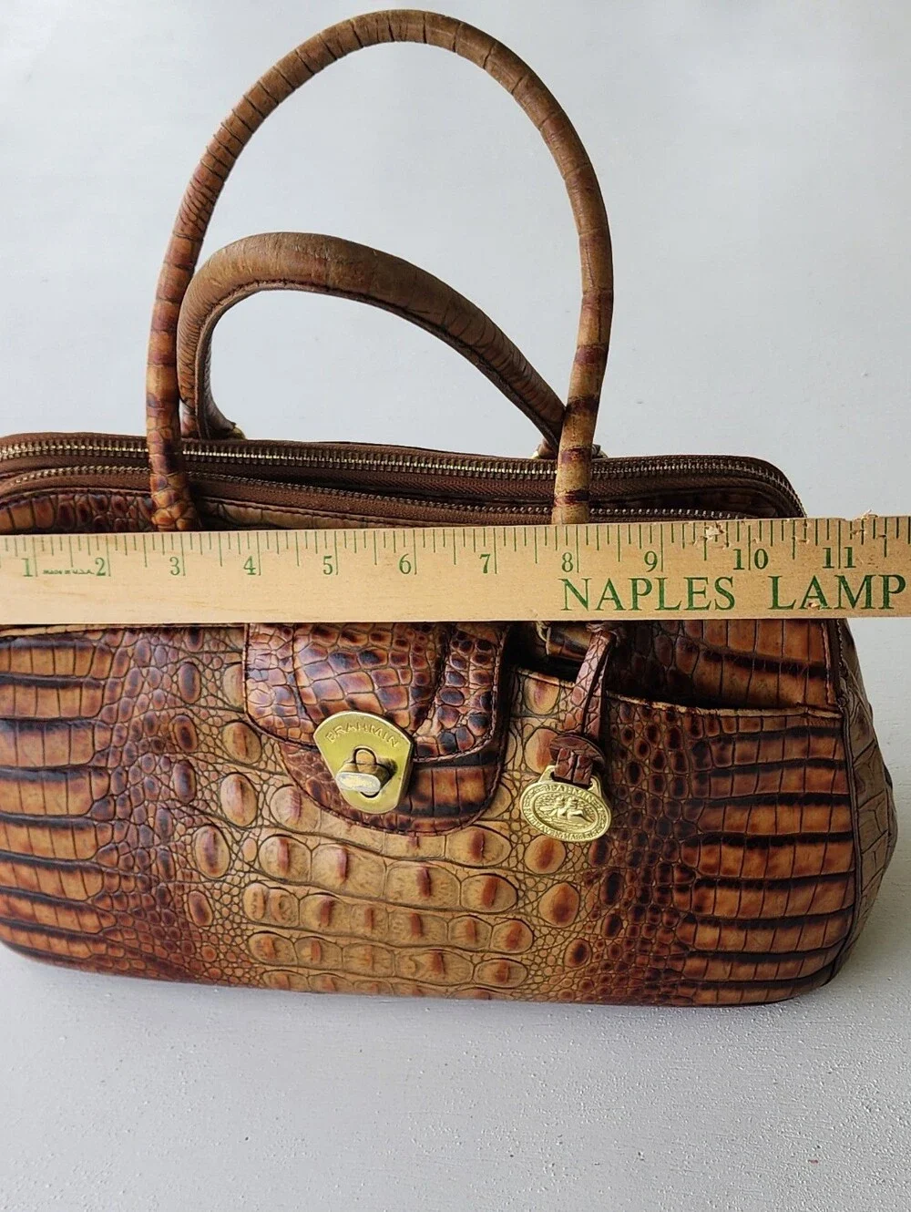 Brahmin Tan and Brown Crocodile-Embossed Satchel